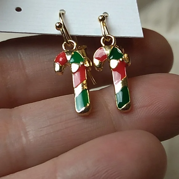 Hypoallergenic Metal Christmas Earrings Candy Cane in Gold, Red & Green - Picture 2 of 7